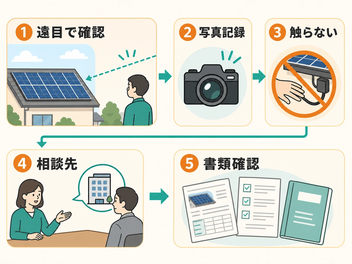 発電していない太陽光パネルを遠目で確認し相談先を判断する流れ