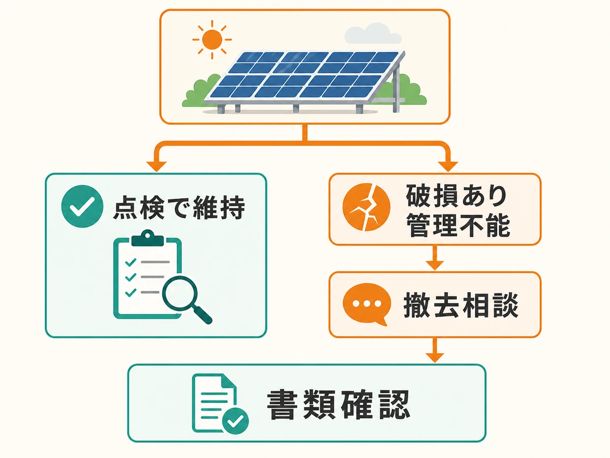 太陽光パネルを点検で維持するか撤去相談へ進むかの判断チャート