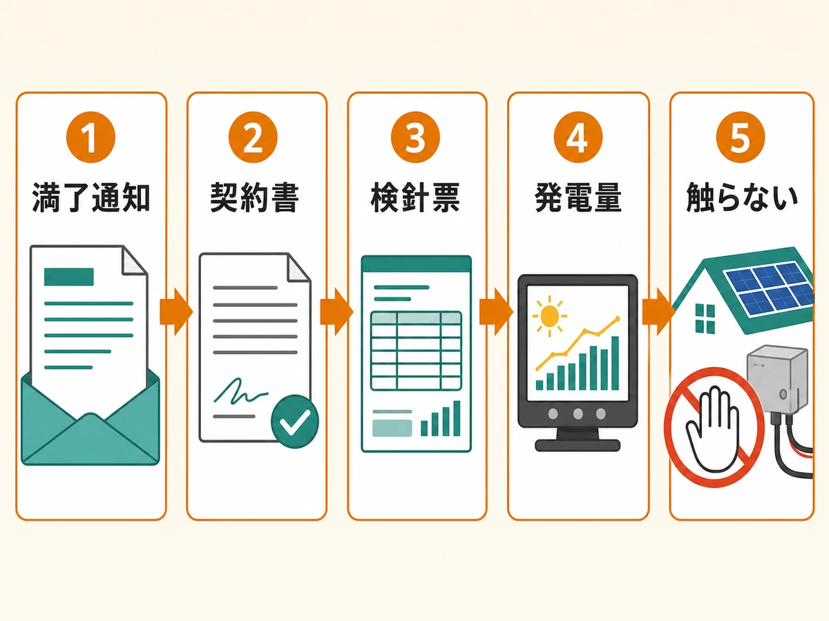 卒FIT後に確認する満了通知、契約書、検針票、発電量と安全境界の流れ