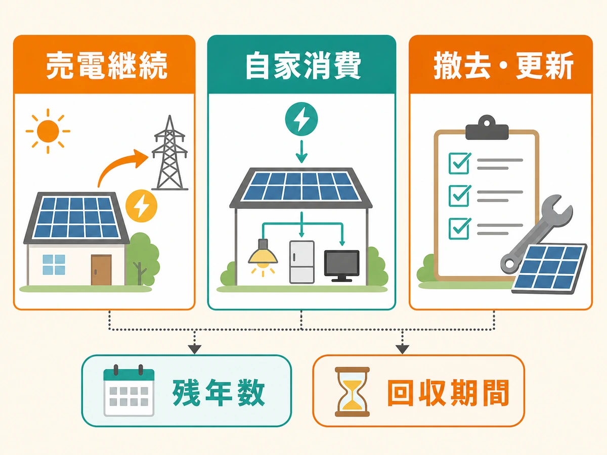 卒FIT後の売電継続、自家消費、撤去・更新を残年数と回収期間で比べる判断図