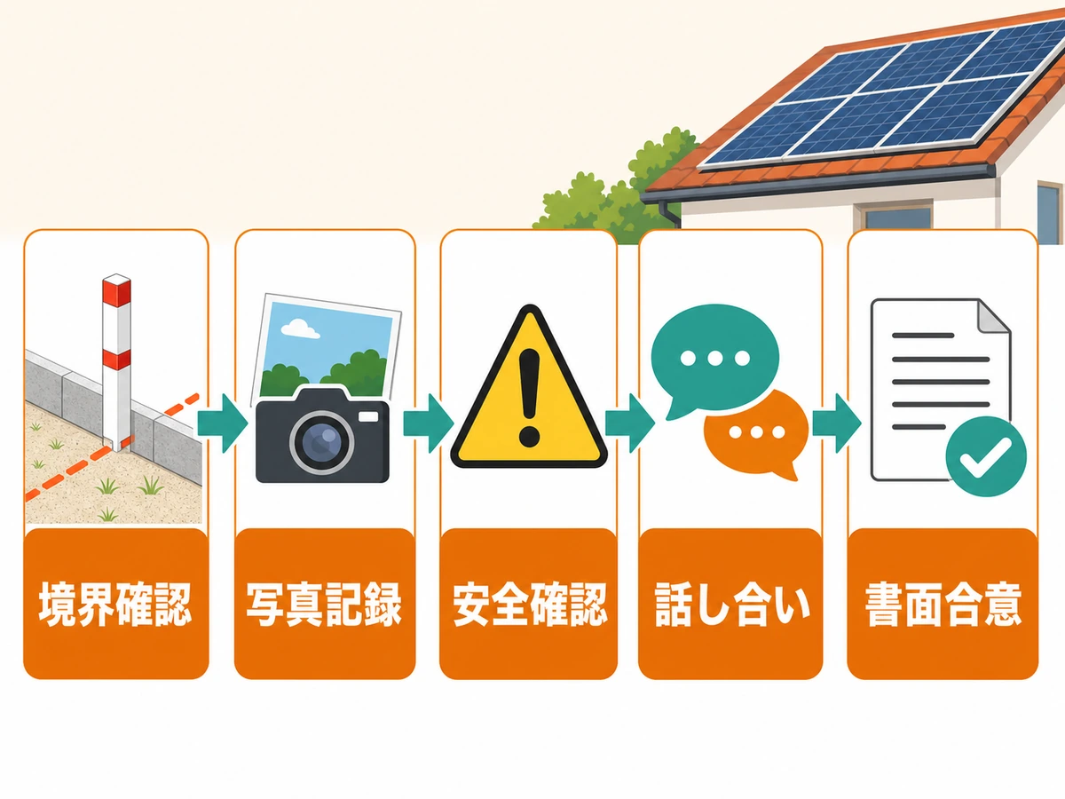 太陽光パネル越境の交渉前に境界確認から書面合意までの流れを示す図