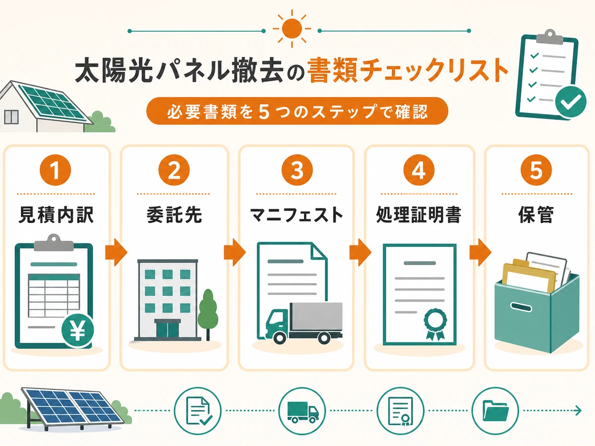 太陽光パネル処分で見積内訳から保管まで確認する書類チェック図