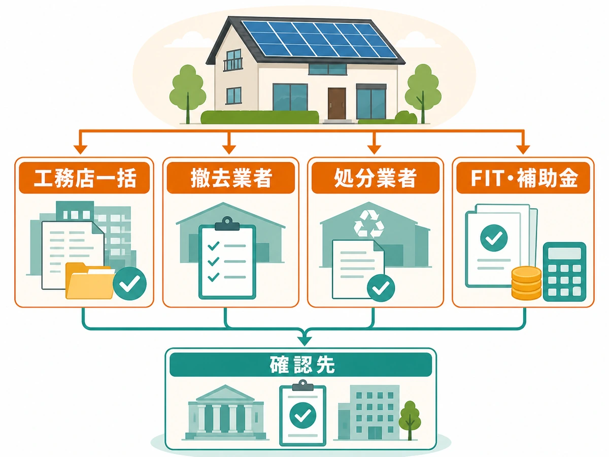 太陽光パネル処分の依頼形態ごとに確認先を分ける判断図