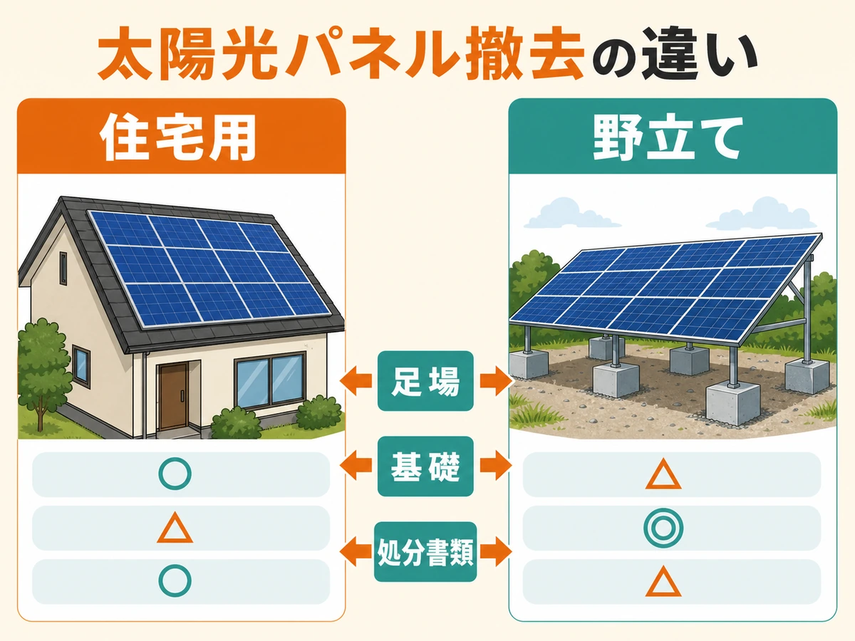 住宅用と野立ての太陽光パネル撤去費用の違いを比較する図解