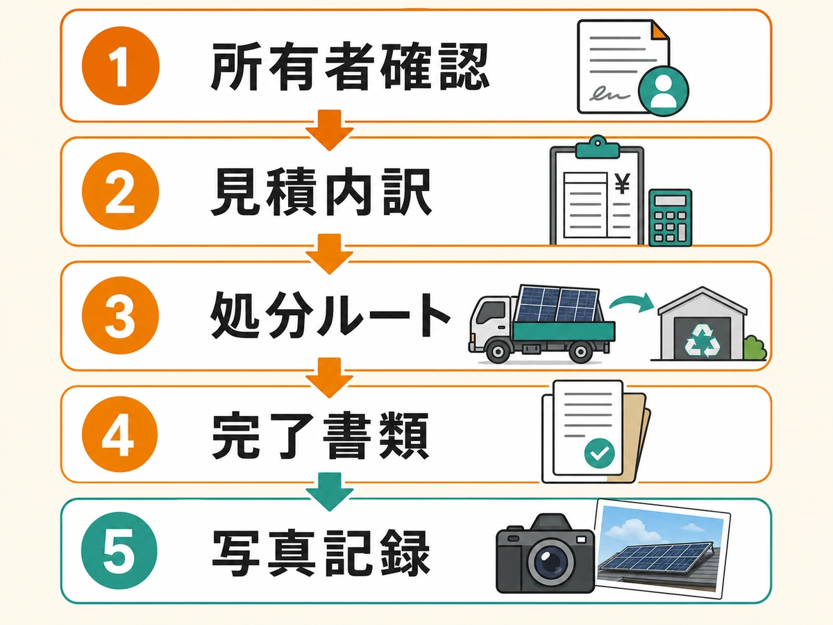 太陽光発電撤去の見積もり前に確認する所有者・見積内訳・処分ルート・完了書類・写真記録の図解