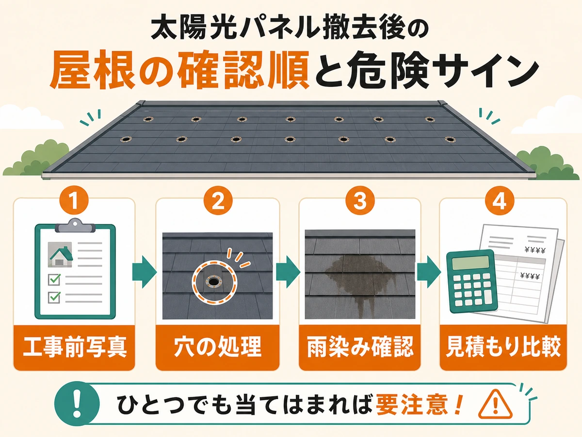 太陽光パネル撤去後の屋根を確認する順番の図
