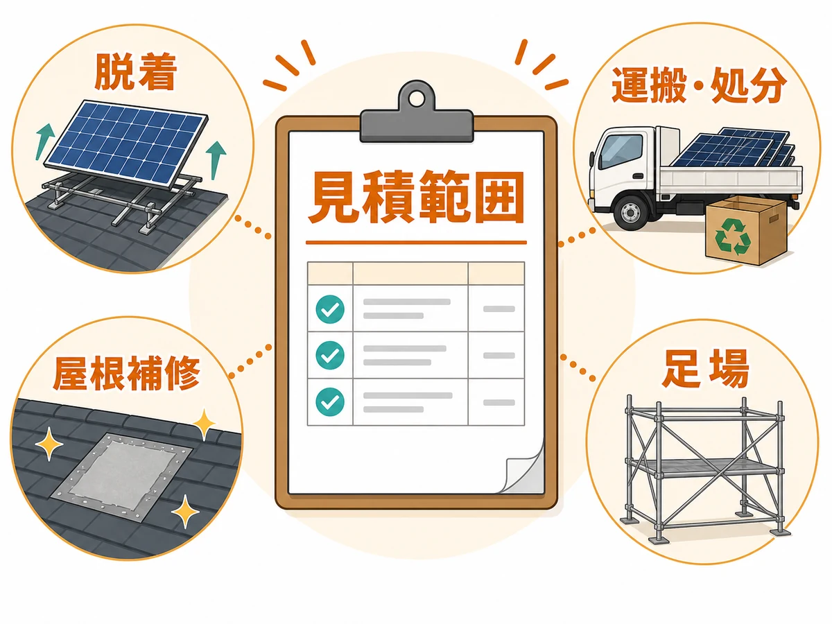 太陽光パネル撤去や再設置の見積範囲を示す図解