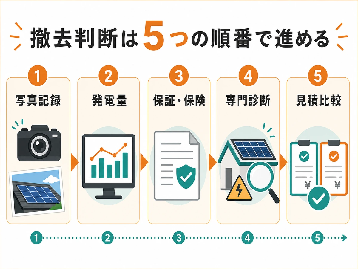 太陽光パネル撤去判断を5つの順番で進める図