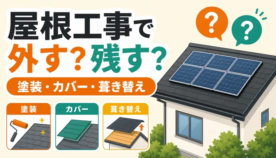 屋根工事で太陽光パネルを外すか残すかを示す図解