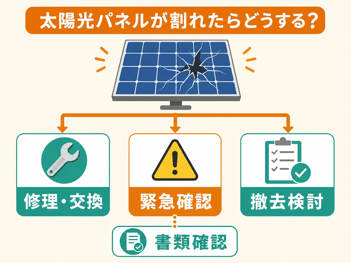 割れた太陽光パネルの修理・交換・撤去判断チャート