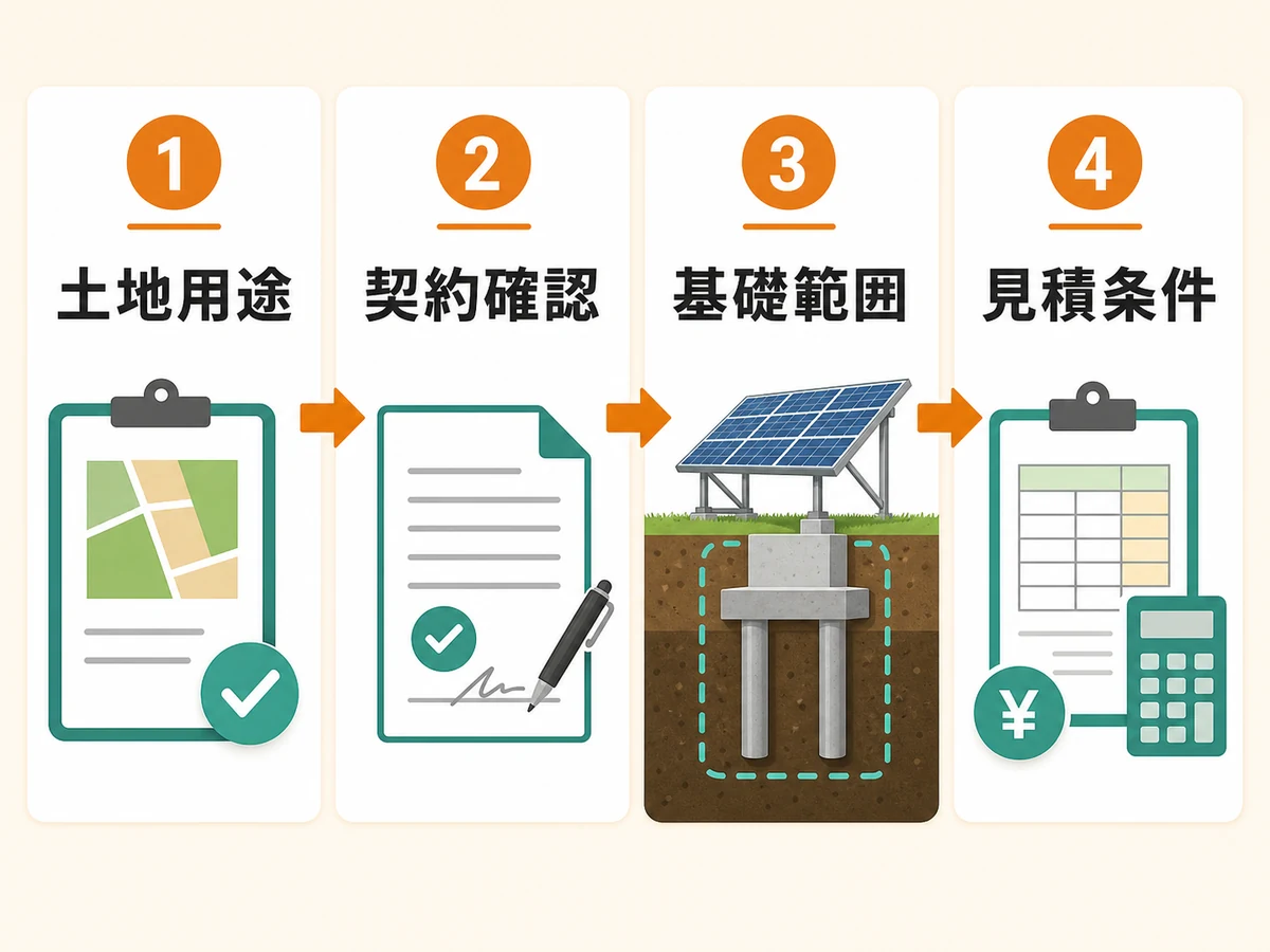 土地用途、契約確認、基礎範囲、見積条件の確認順