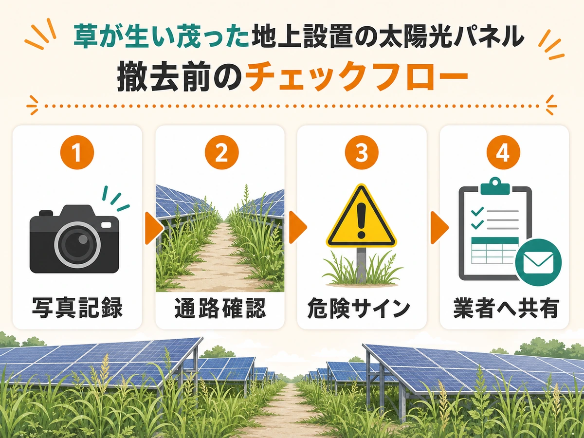 撤去前に写真記録から業者共有までの確認順を示す図