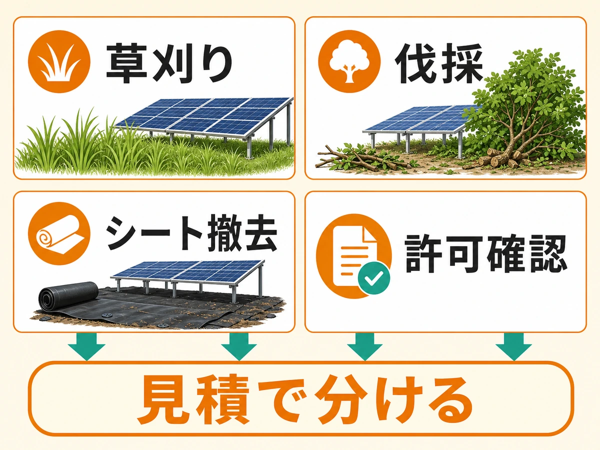 草刈り、伐採、防草シート撤去、許可確認を見積で分ける図