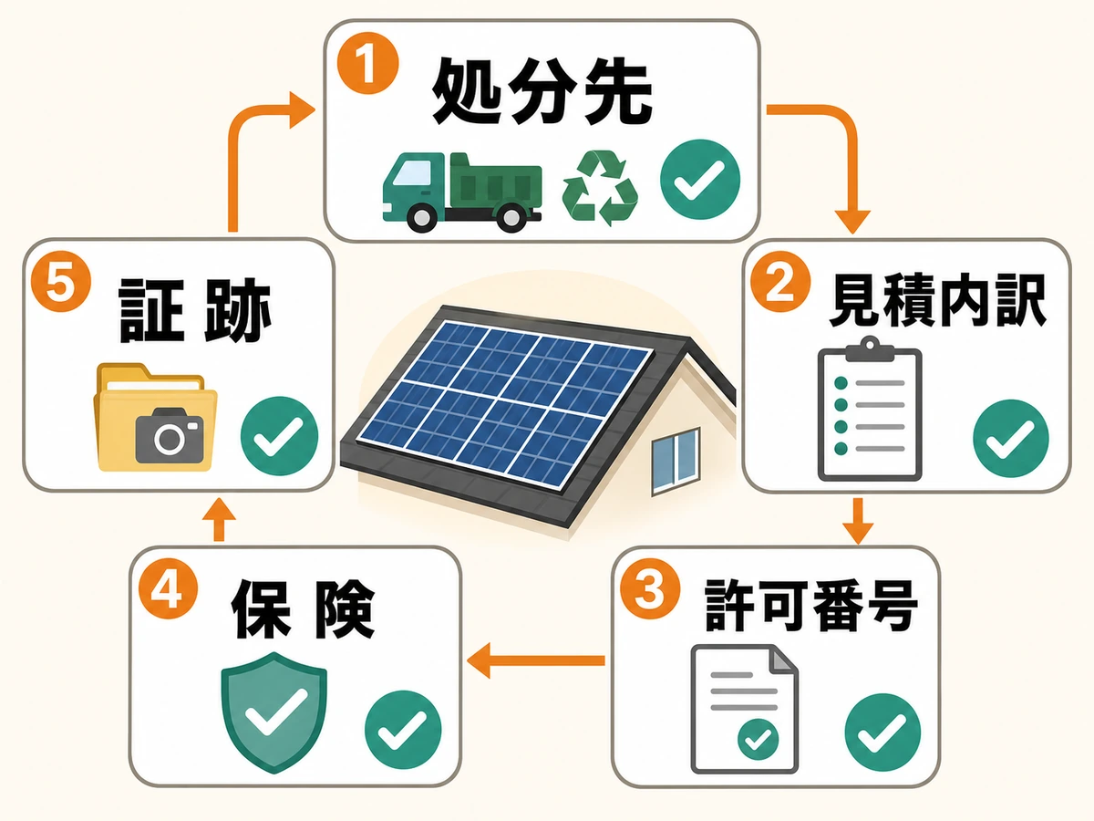 処分先、見積内訳、許可番号、保険、証跡の確認順を示す図解