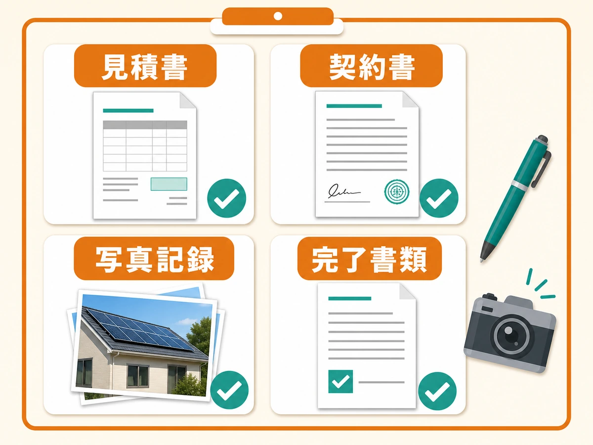 契約前にそろえる見積書、契約書、写真記録、完了書類のチェック図