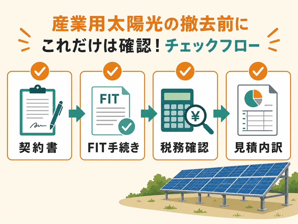 産業用太陽光の撤去前に契約書、FIT手続き、税務確認、見積内訳を確認する流れ