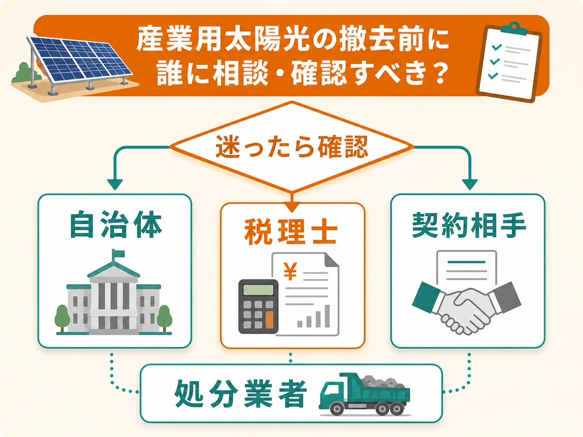 産業用太陽光の撤去前に自治体、税理士、契約相手、処分業者へ確認する判断先