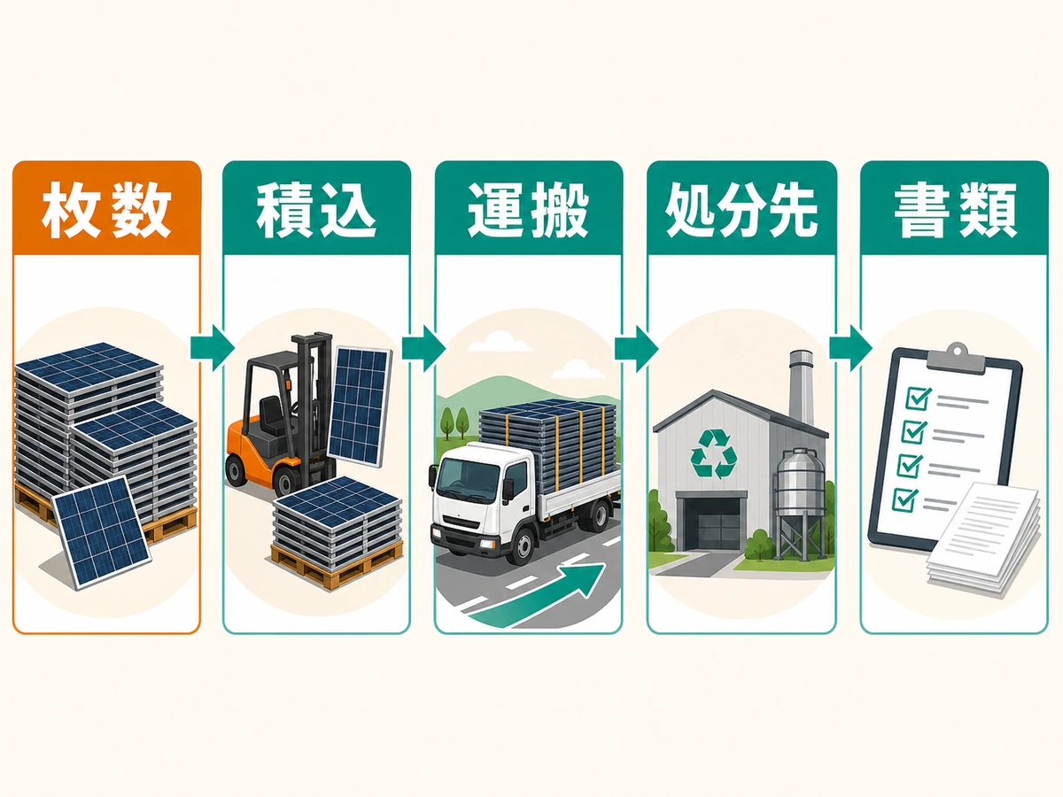 産業用太陽光の処分費を左右する枚数、積込、運搬、処分先、書類の確認図