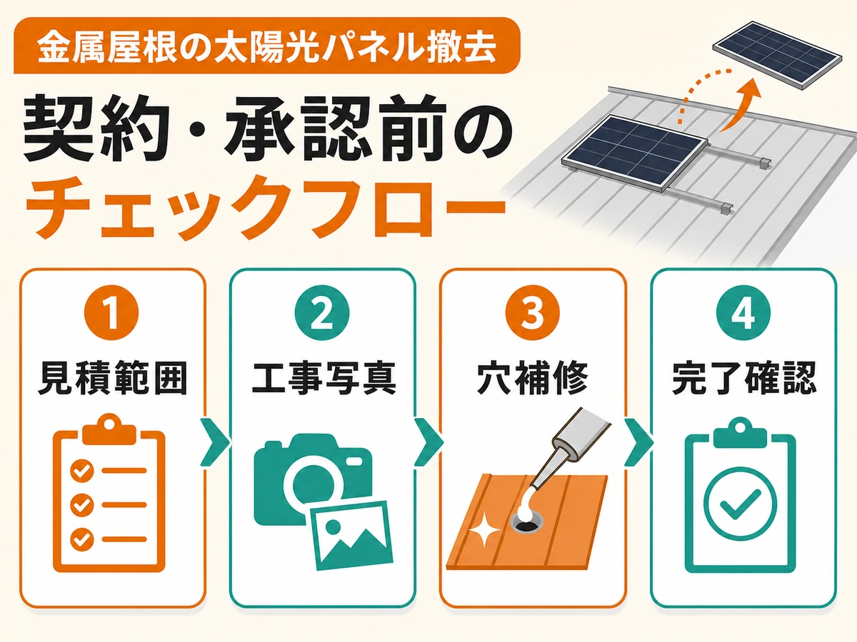 金属屋根の太陽光撤去前に見積範囲、工事写真、穴補修、完了確認を確認する流れ