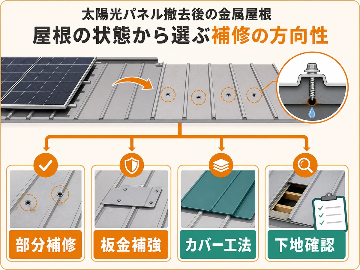 金属屋根の状態から部分補修、板金補強、カバー工法、下地確認を選ぶ判断図