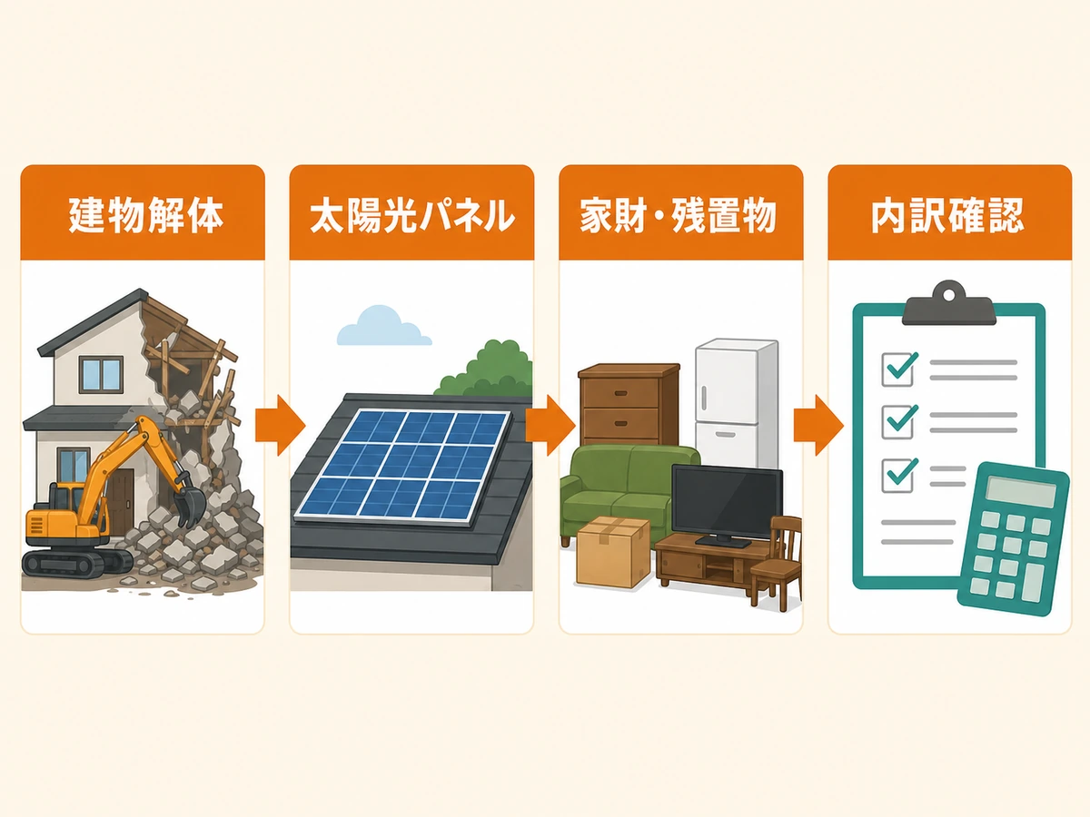建物解体、太陽光パネル、家財残置物、内訳確認を分ける見積もり前チェックフロー