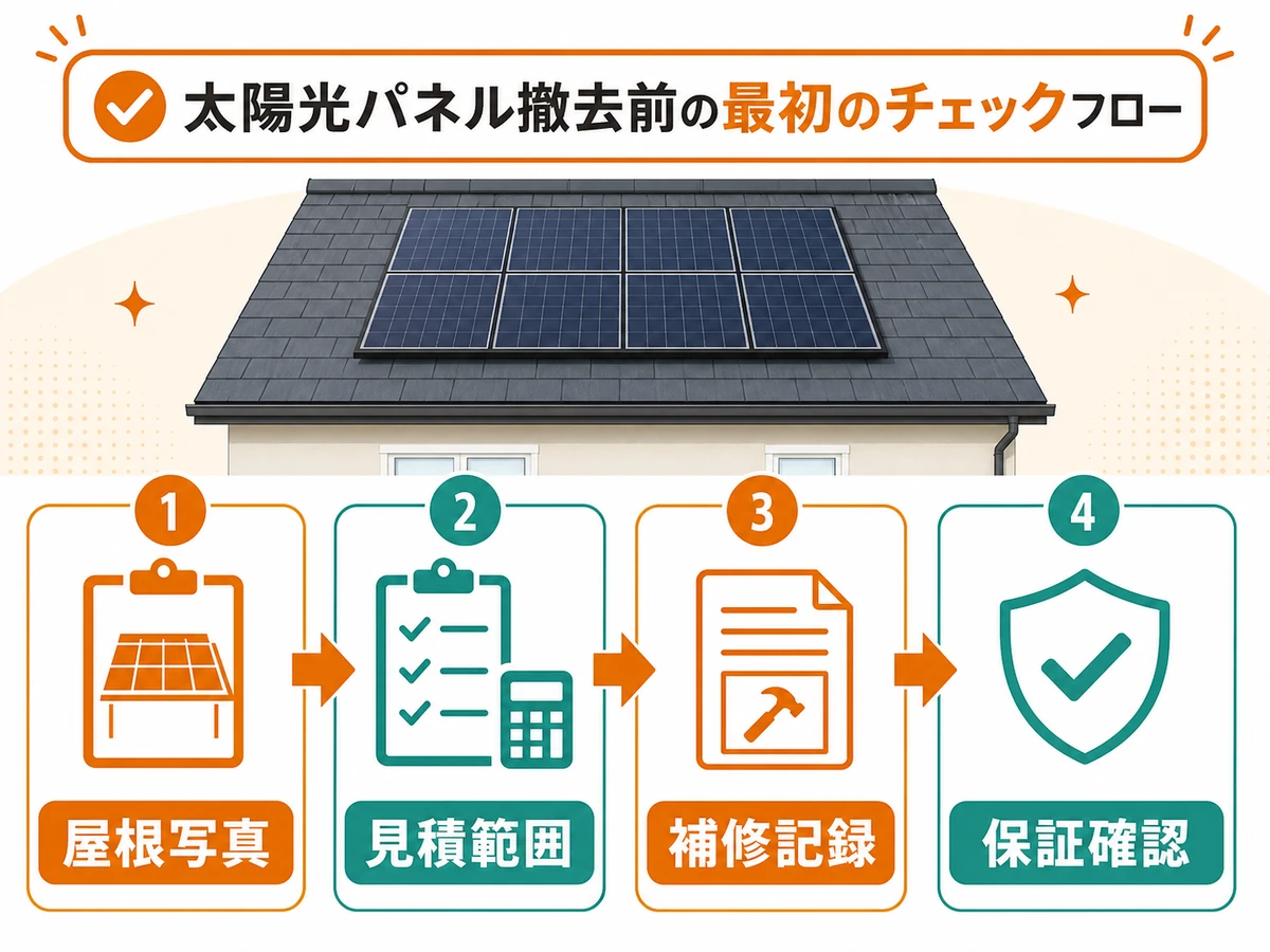 スレート屋根の太陽光撤去前に見る屋根写真、見積範囲、補修記録、保証確認の流れ