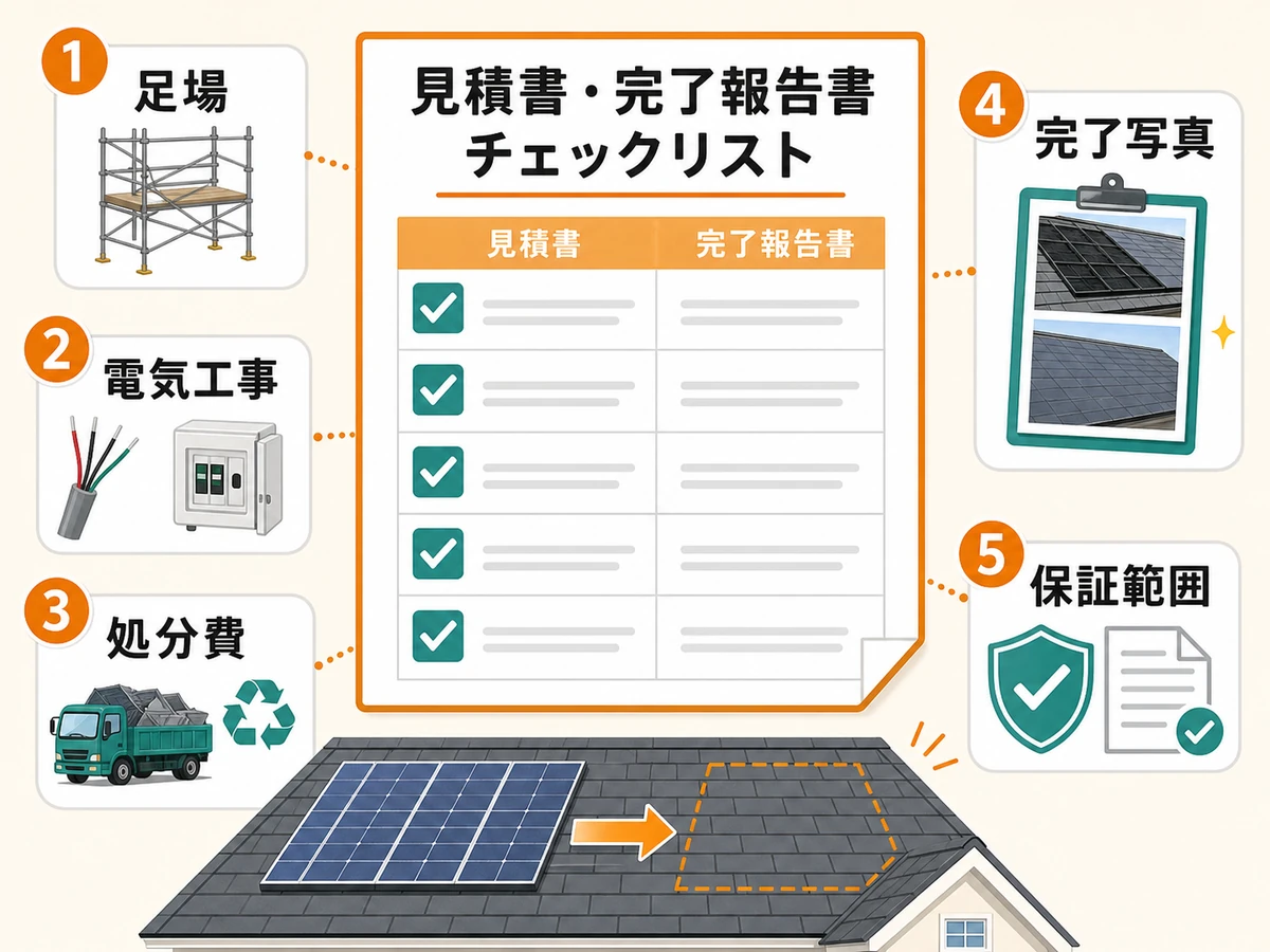 太陽光パネル撤去の見積書で確認する足場、電気工事、処分費、完了写真、保証範囲
