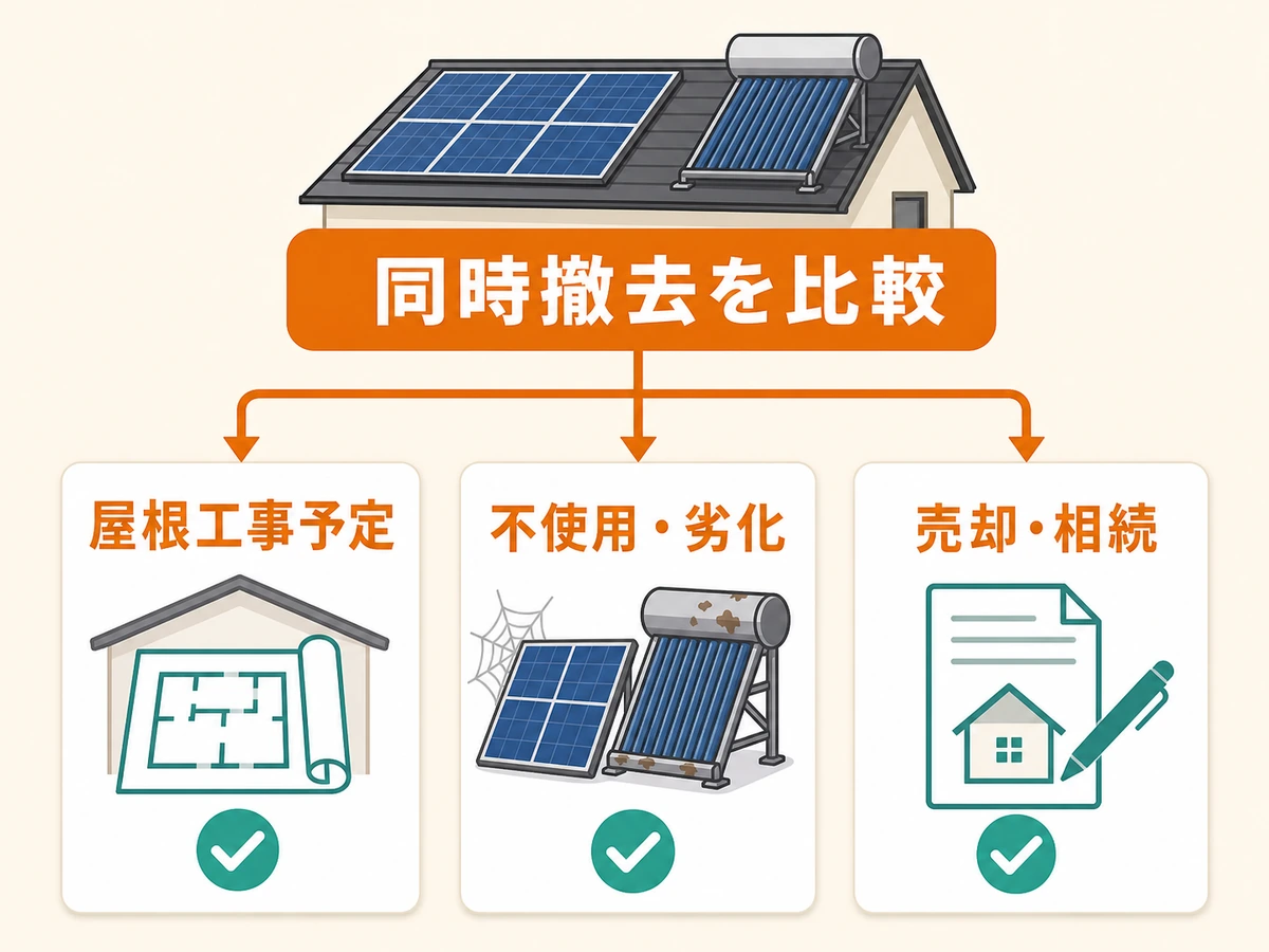 屋根工事予定、不使用劣化、売却相続から同時撤去を比較する判断チャート