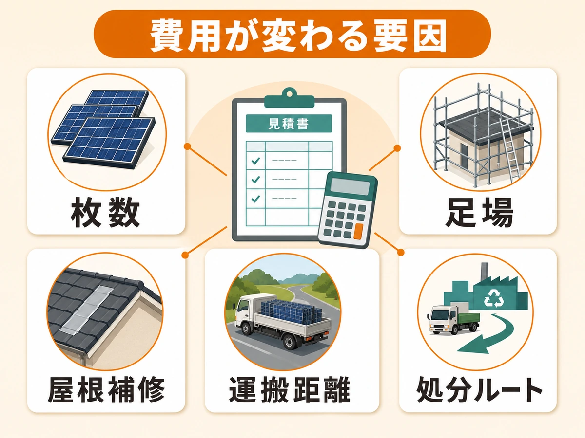 太陽光パネル処分費用が変わる枚数、足場、屋根補修、運搬距離、処分ルートの要因