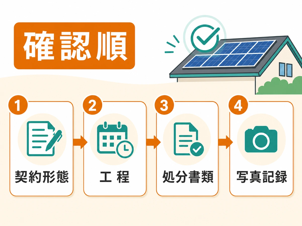 太陽光パネル撤去費用を比較する前の確認順を契約形態・工程・処分書類・写真記録で示す図