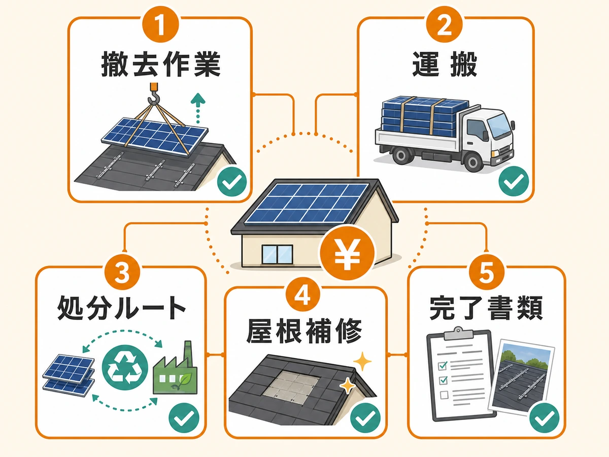 太陽光パネル撤去費用の見積範囲を撤去作業・運搬・処分ルート・屋根補修・完了書類で整理した図解