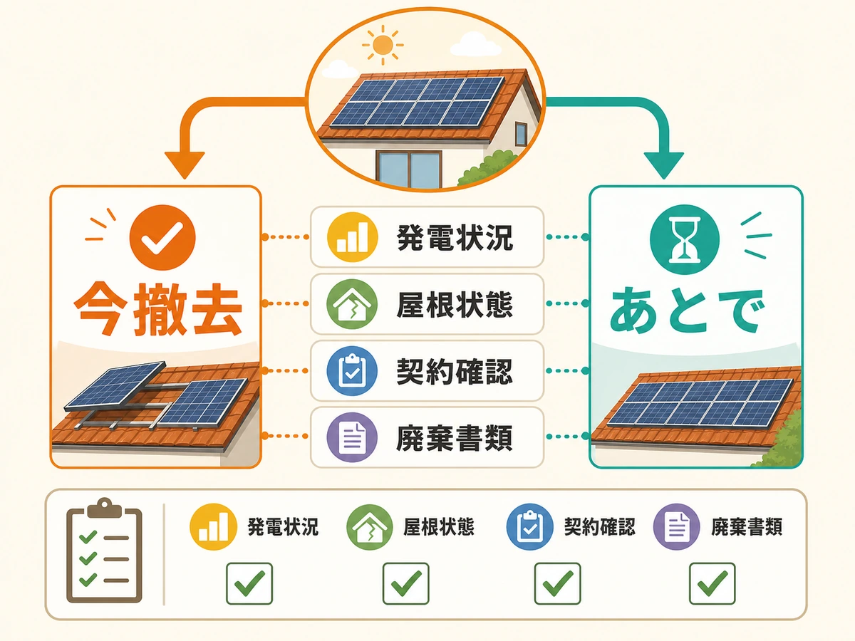 太陽光パネル撤去を今行うか後回しにするかを発電状況・屋根状態・契約確認で分ける判断図解