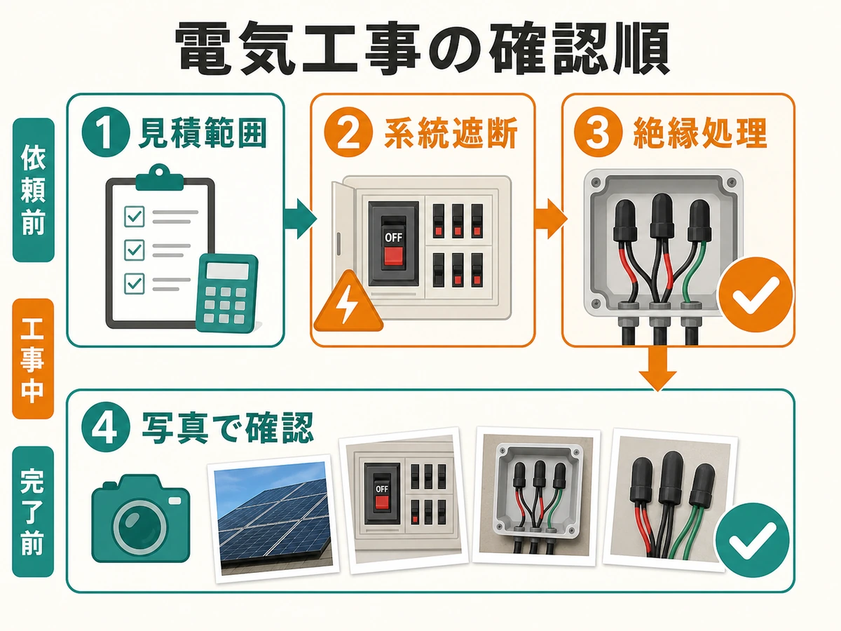 太陽光パネル撤去時の電気工事で見積範囲、系統遮断、絶縁処理、写真確認を行う順番