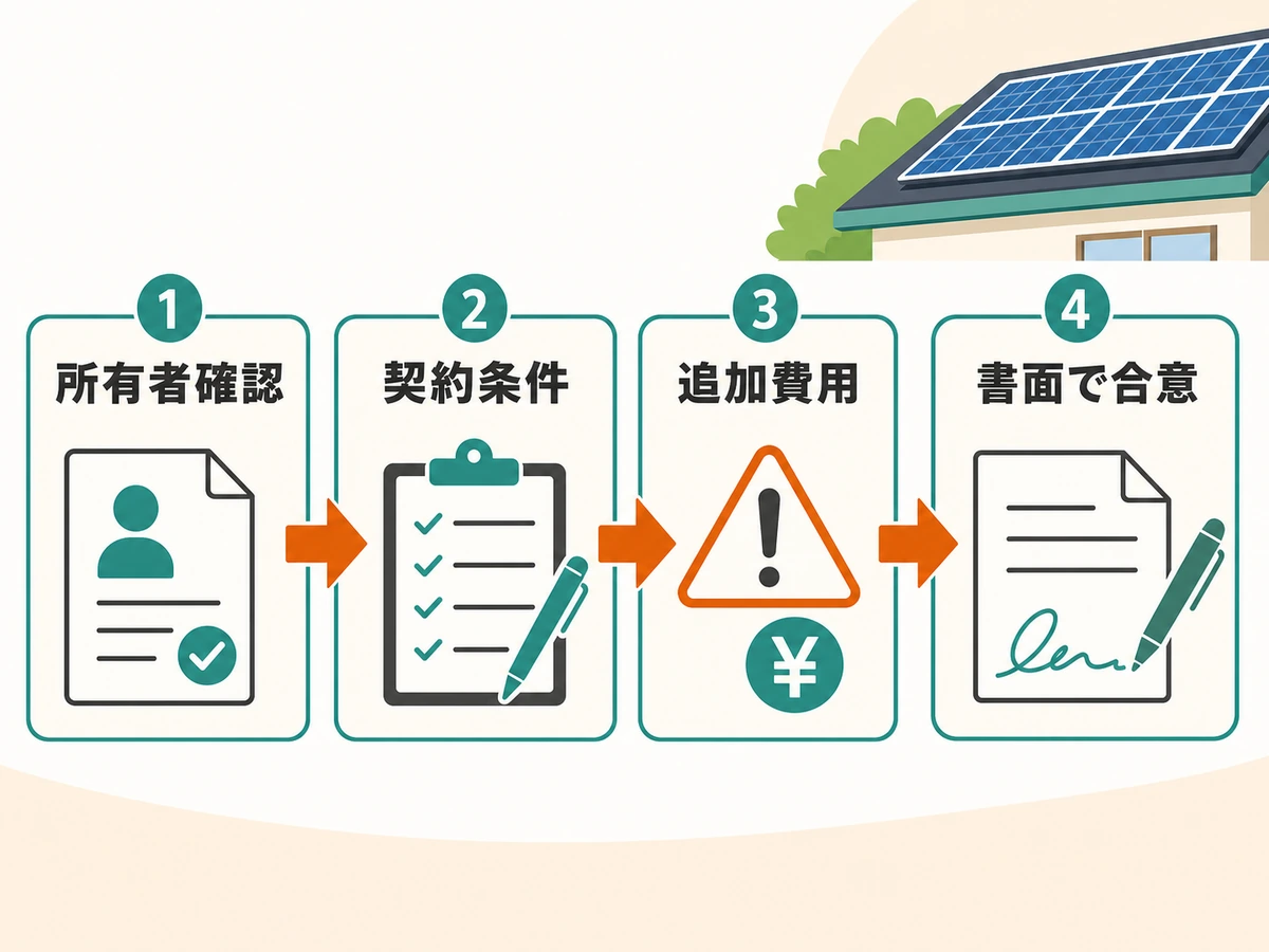 太陽光撤去で所有者確認・契約条件・追加費用・書面合意の流れを示す図