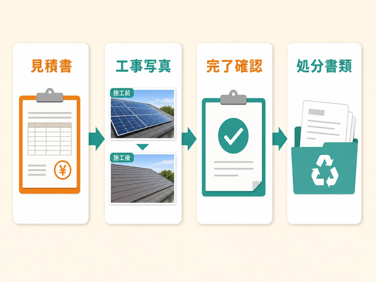 見積書、工事写真、完了確認、処分書類を順番に確認する流れ