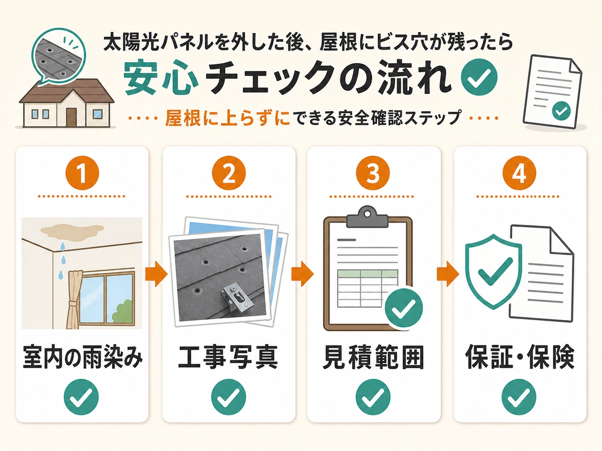 太陽光パネル撤去後の屋根穴について屋根に上らず確認する流れ