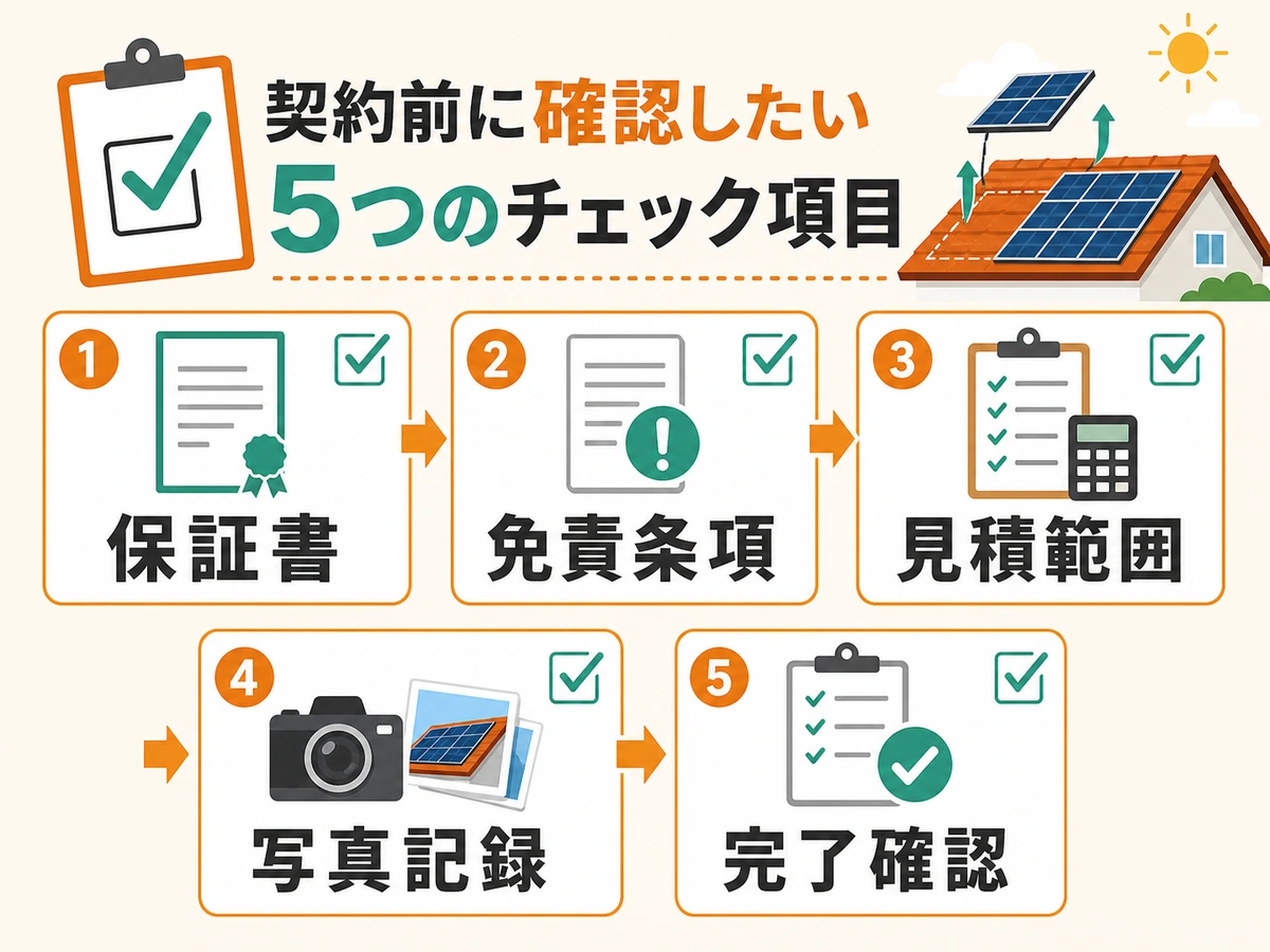 太陽光パネル撤去前に確認する保証書、免責条項、見積範囲、写真記録、完了確認の図