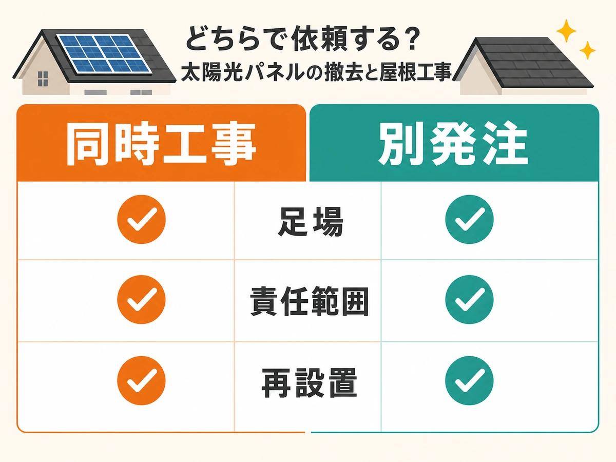 同時工事と別発注を足場・責任範囲・再設置で比較する図
