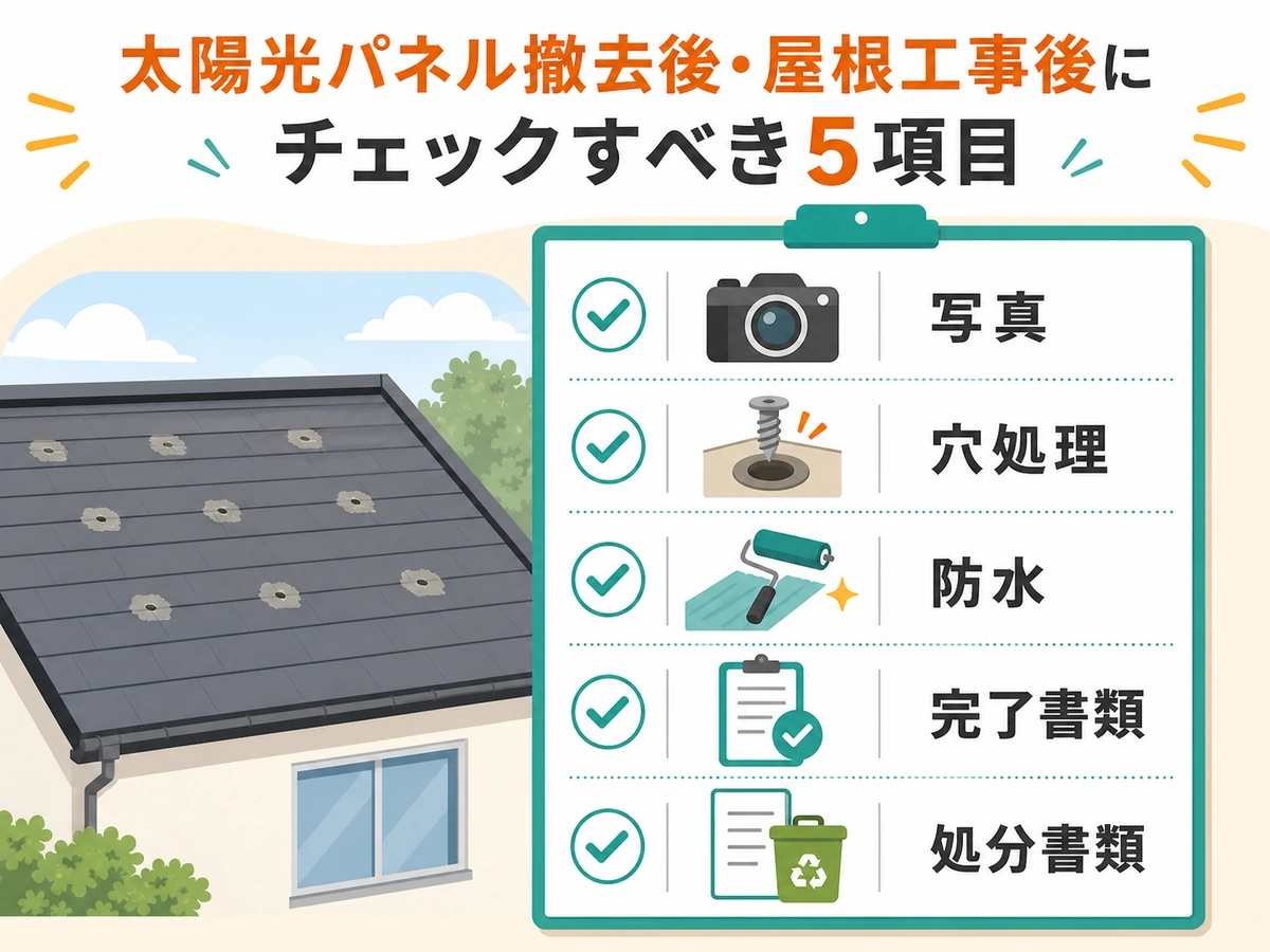 太陽光パネル撤去後と屋根工事後に確認する写真・穴処理・防水・書類の図
