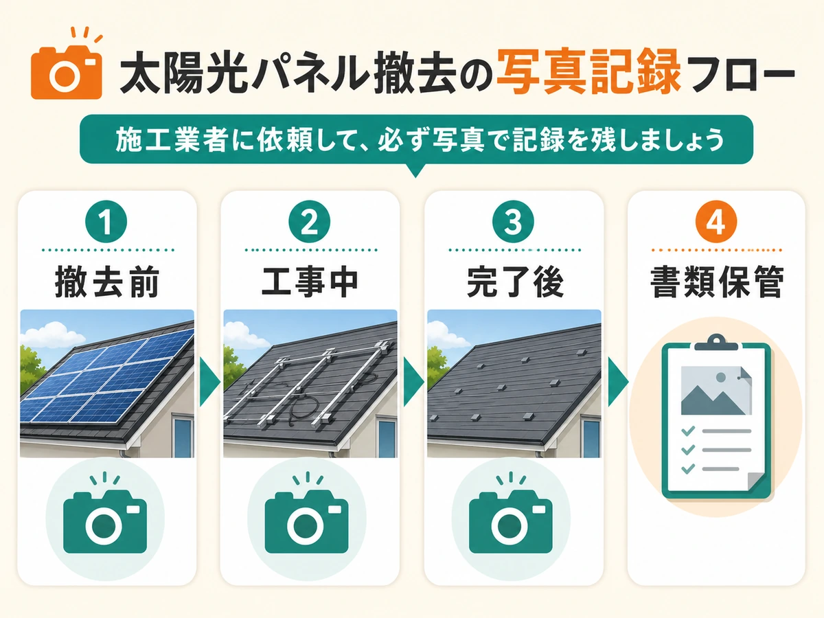 太陽光パネル撤去の写真記録を撤去前・工事中・完了後・書類保管の順で示す図