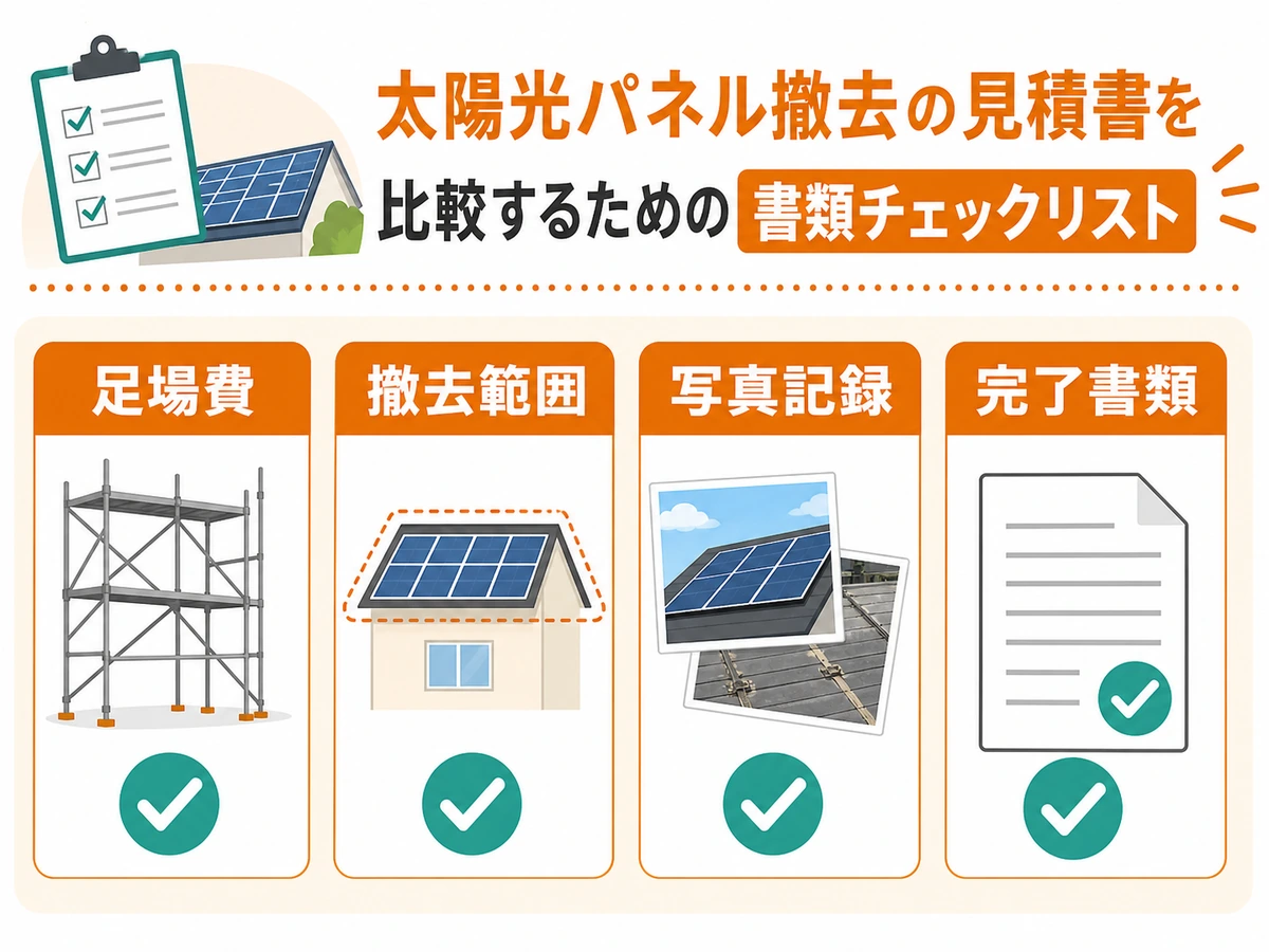 太陽光パネル撤去の見積書で確認する足場費と完了書類のチェックリスト