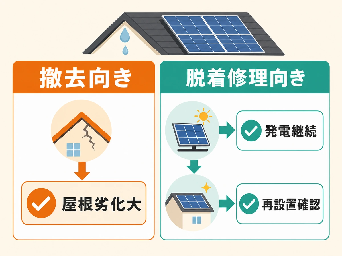 太陽光パネルの雨漏りで撤去向きと脱着修理向きを分ける判断チャート