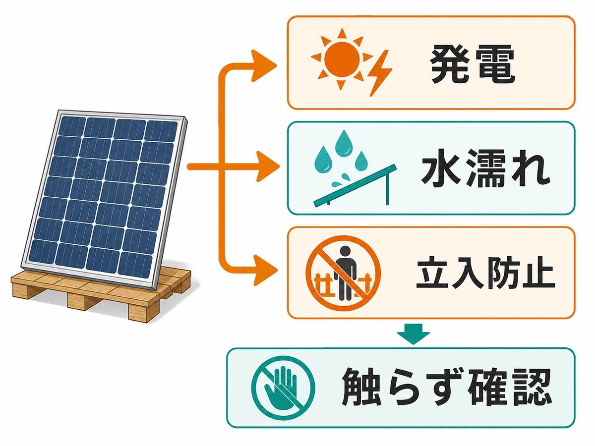 撤去後のソーラーパネル保管で発電・水濡れ・立入防止を確認する流れ