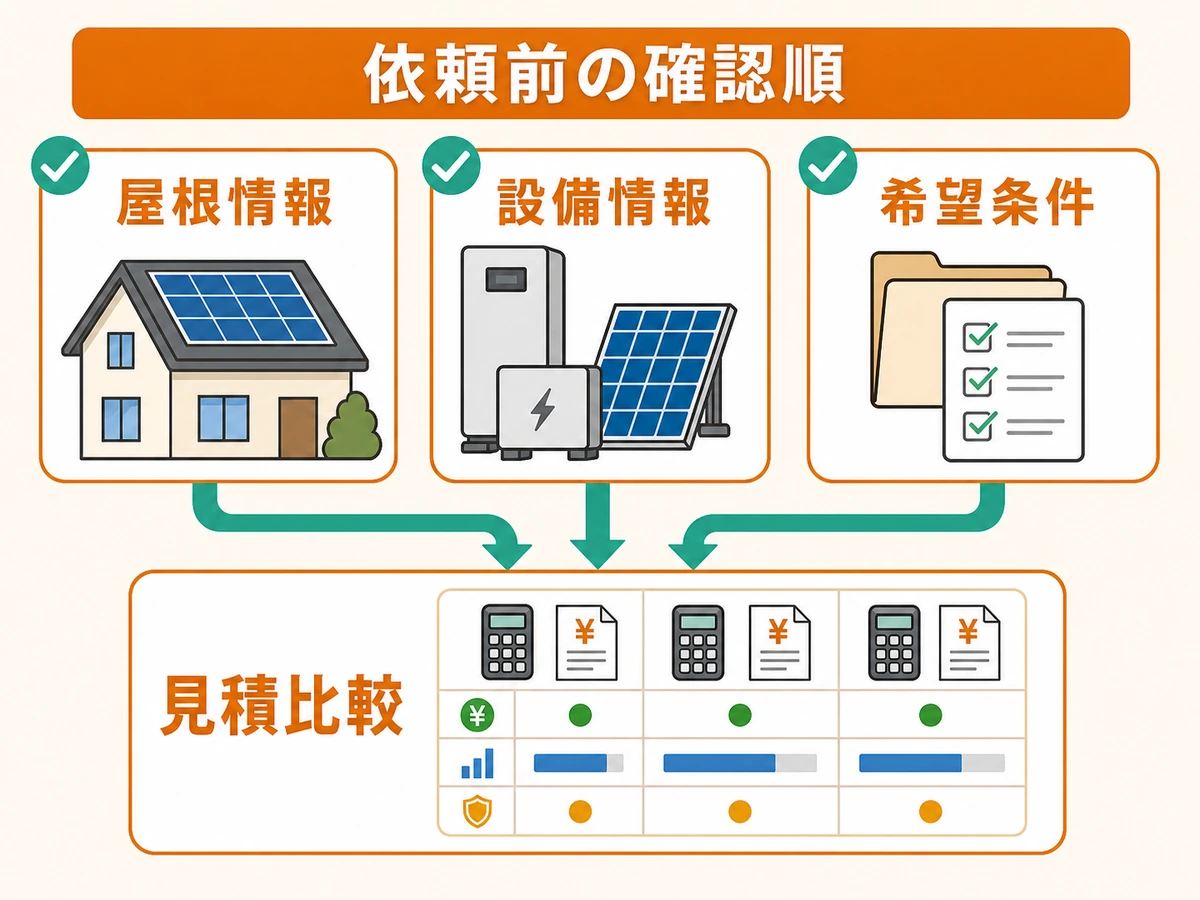 太陽光発電の相見積もり前に屋根情報、設備情報、希望条件を揃えて見積比較する流れ