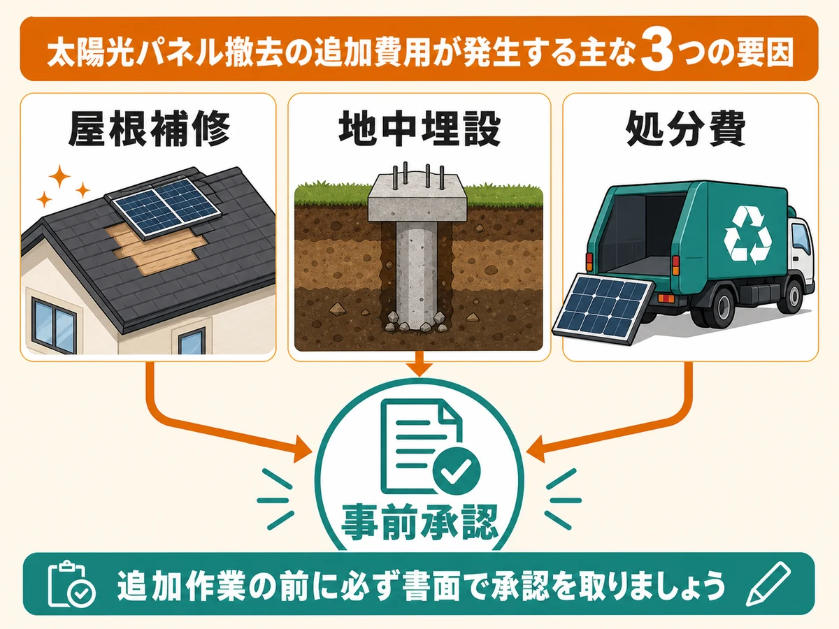 太陽光撤去で追加費用になりやすい屋根補修、地中埋設、処分費の図解