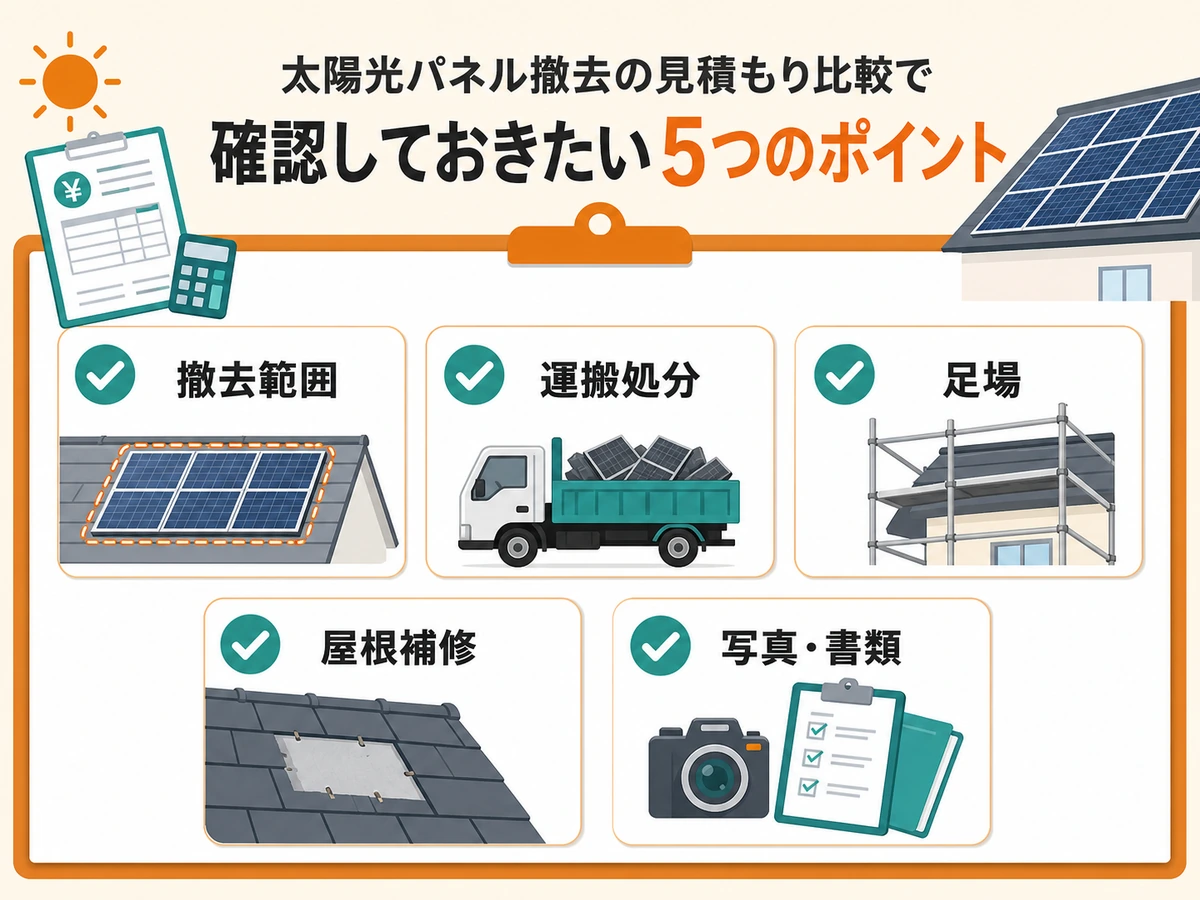 太陽光発電撤去の見積書で撤去範囲、運搬処分、足場、屋根補修、写真と書類を確認する図解