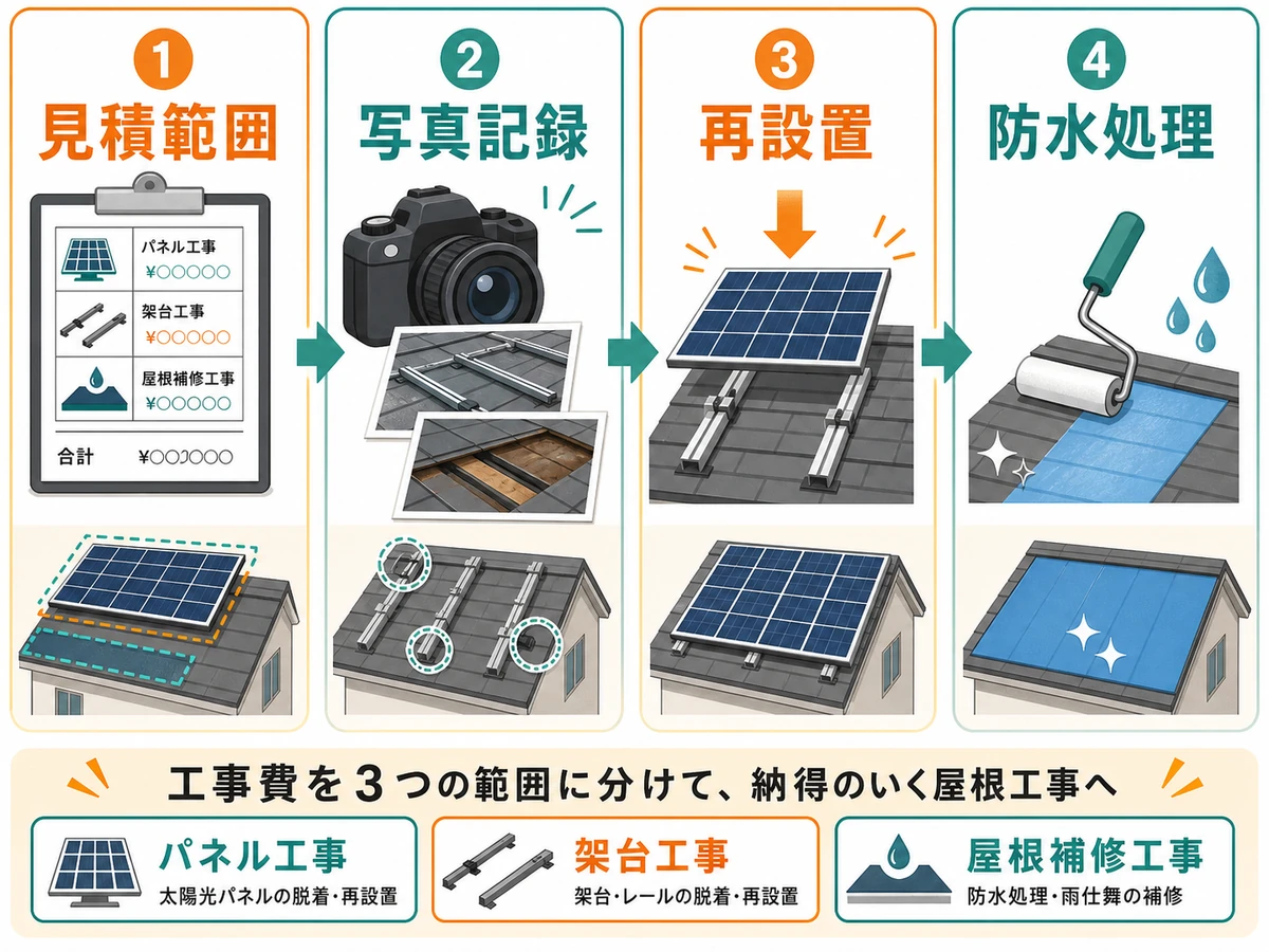 太陽光パネル架台の扱いを見積範囲、写真記録、再設置、防水処理で確認する流れ