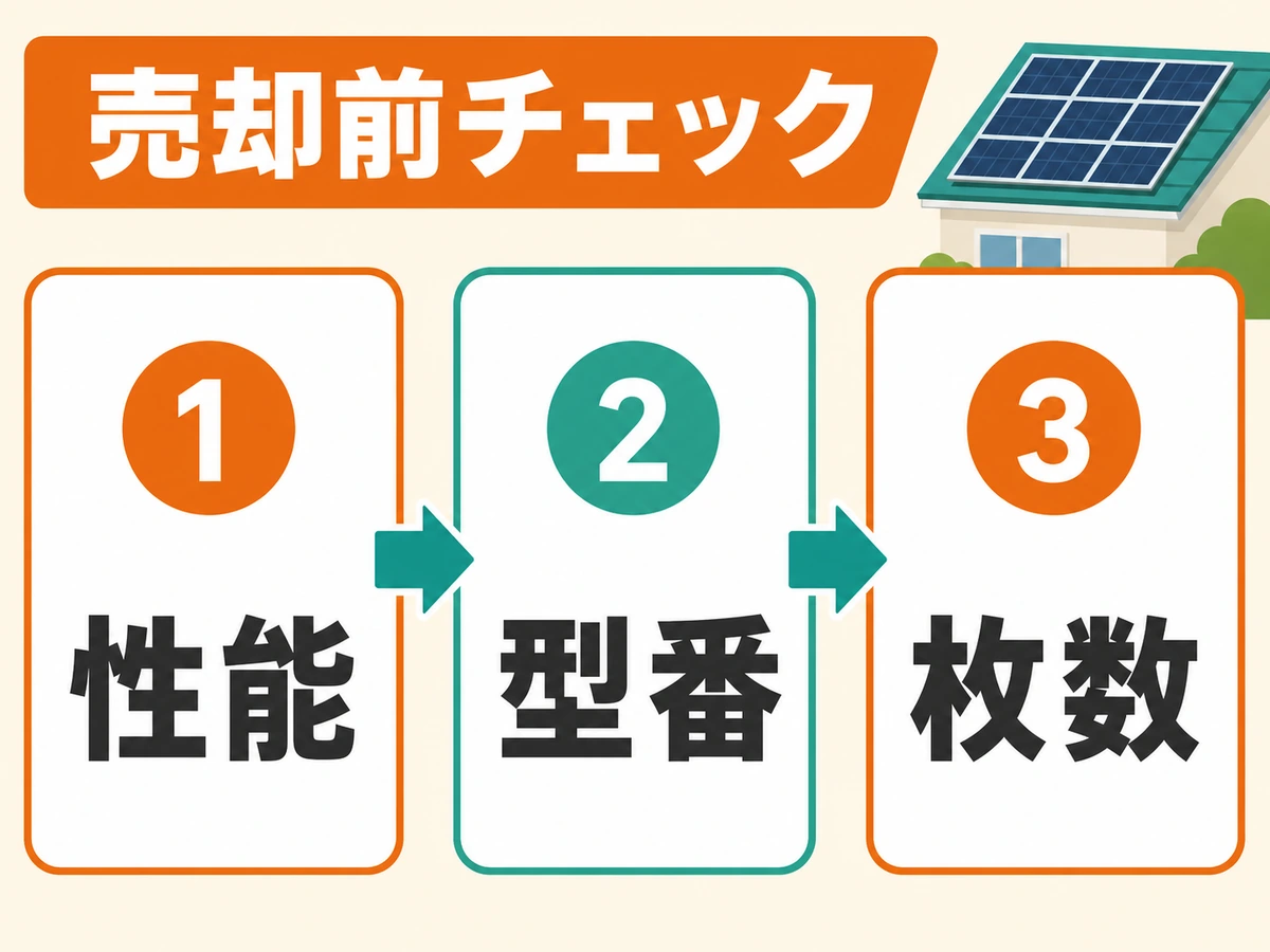 中古太陽光パネルの売却前チェックとして性能・型番・枚数を示す図