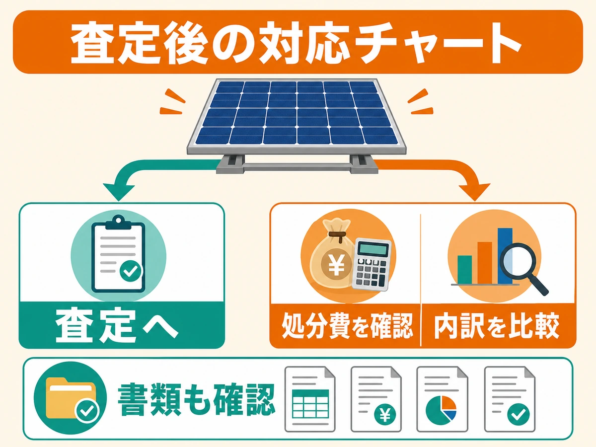 中古太陽光パネルの査定後に処分費と内訳を比較する流れを示す図