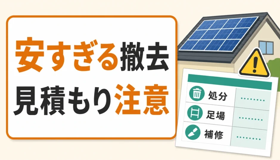 安すぎる太陽光パネル撤去の見積もり注意点を示すイラスト